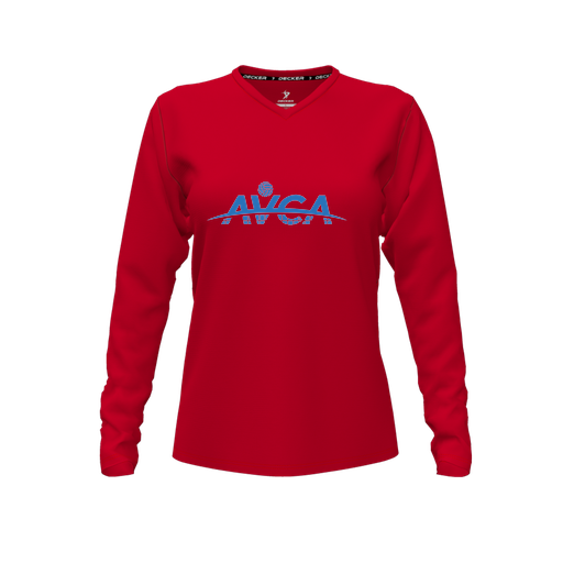 [CUS-DFW-TEES-CMF-VNK-LSL-RED-FYXS-LOGO1] Decker Comfort T-Shirt (Female Youth XS, Red, V Neck, Logo 1, Long Sleeve)